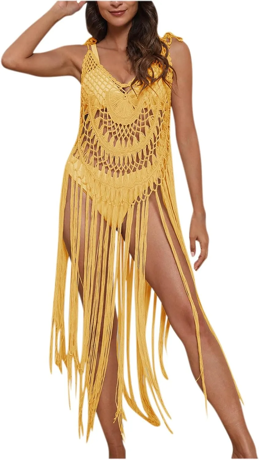 Beach Swimsuit Cover Ups Women Crochet Bikini Summer Pool Swimwear Hollow Out Bathing Suit Tassel Camis Swim Dress