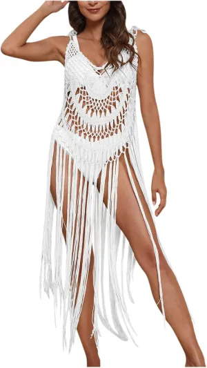 Beach Swimsuit Cover Ups Women Crochet Bikini Summer Pool Swimwear Hollow Out Bathing Suit Tassel Camis Swim Dress