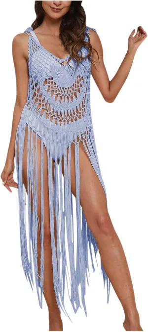 Beach Swimsuit Cover Ups Women Crochet Bikini Summer Pool Swimwear Hollow Out Bathing Suit Tassel Camis Swim Dress
