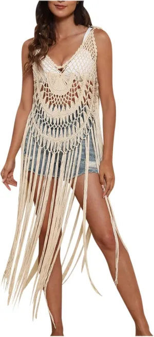 Beach Swimsuit Cover Ups Women Crochet Bikini Summer Pool Swimwear Hollow Out Bathing Suit Tassel Camis Swim Dress