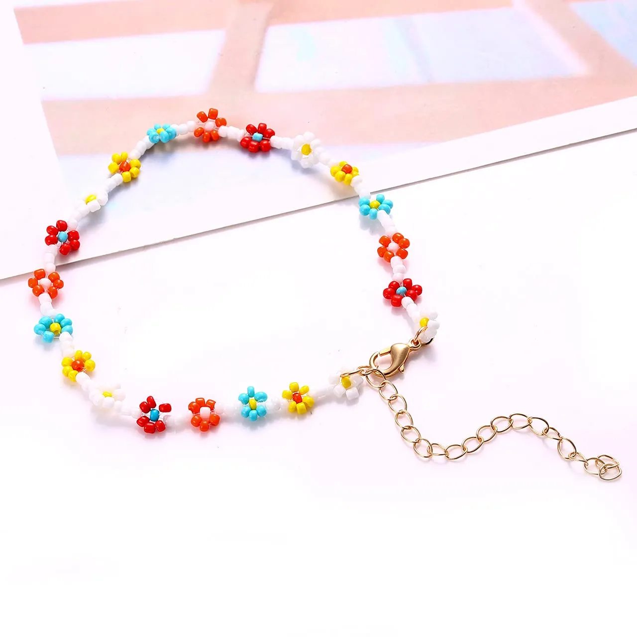 Beaded Anklets for Women Boho Cute Daisy Flower Bead Ankle Bracelets Handmade Waterproof Surfer Anklet Summer Beach Foot Jewelry for Women Teen Girls Colorful flower bead anklet