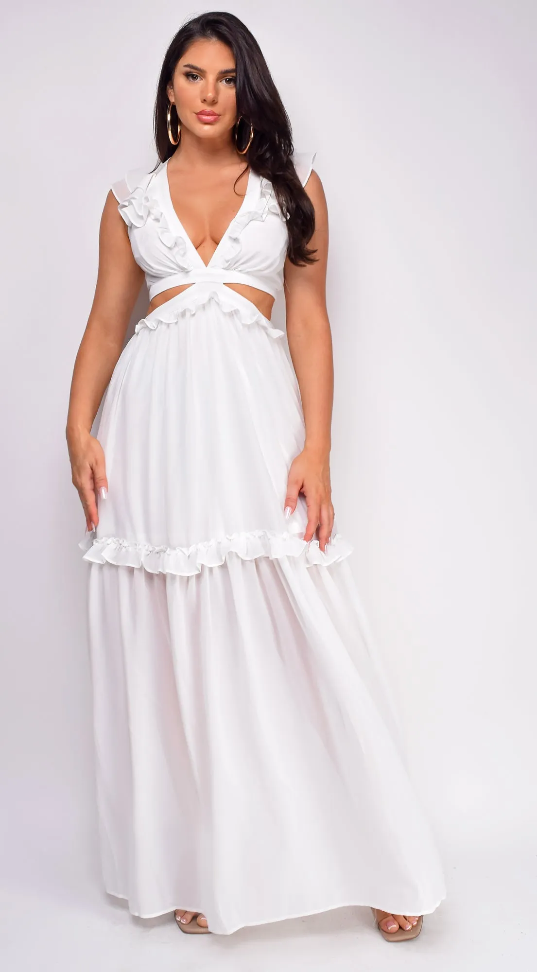 Behati White Ruffle Maxi Dress