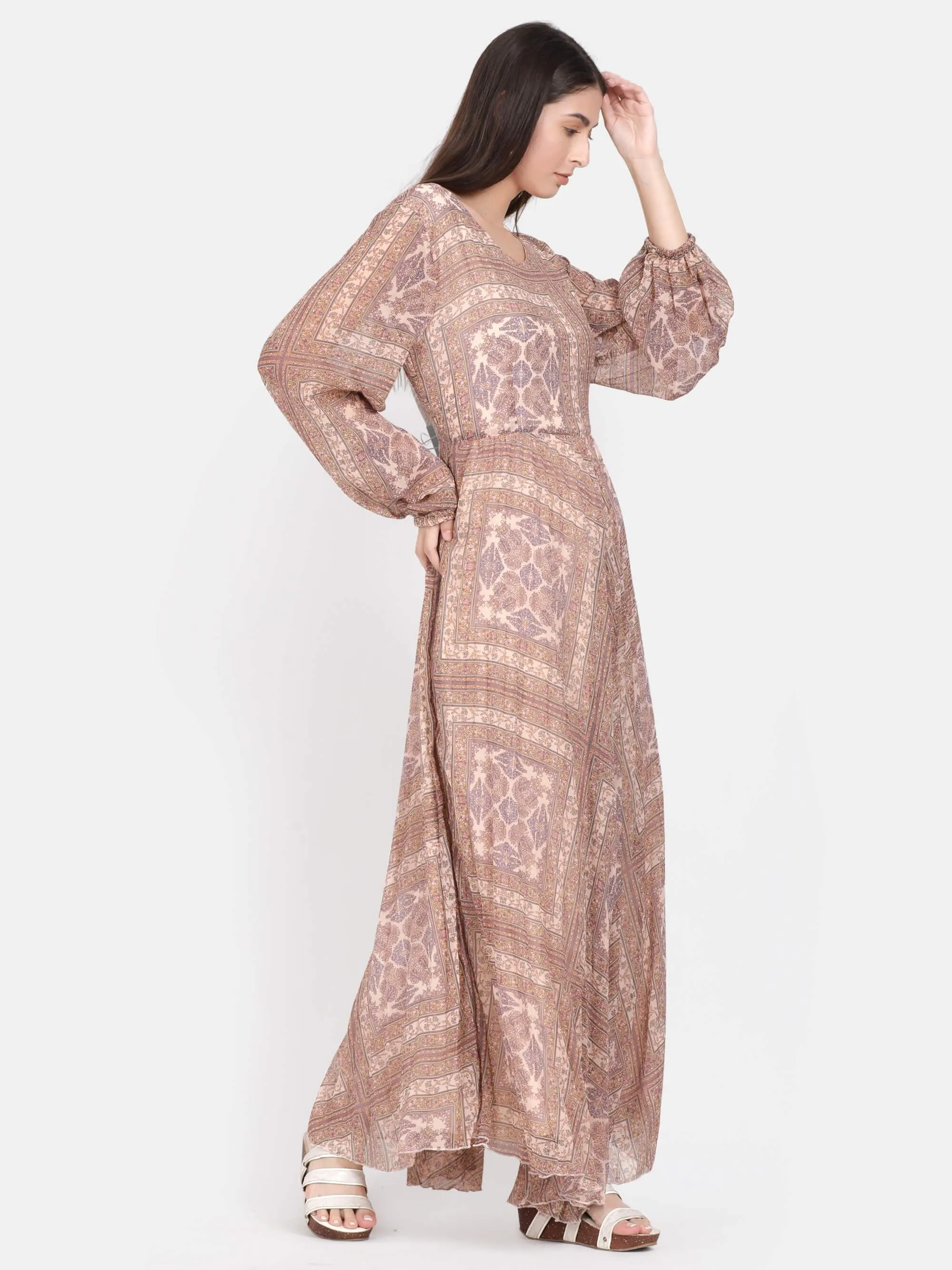 Beige Abstract Print Pleated Maxi Dress (GBF7003)