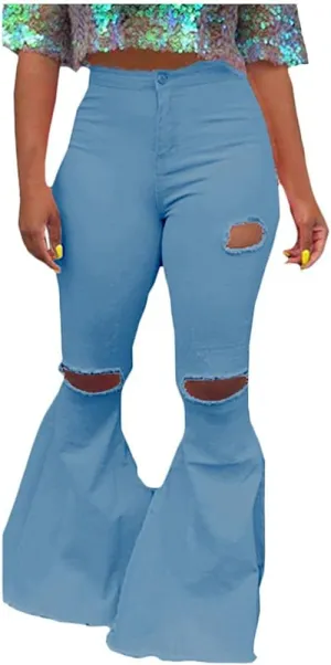 Bell Bottom Jeans for Women Ripped High Waisted Classic Skinny Bootleg Flared Denim Pants Plus Size S-3XL