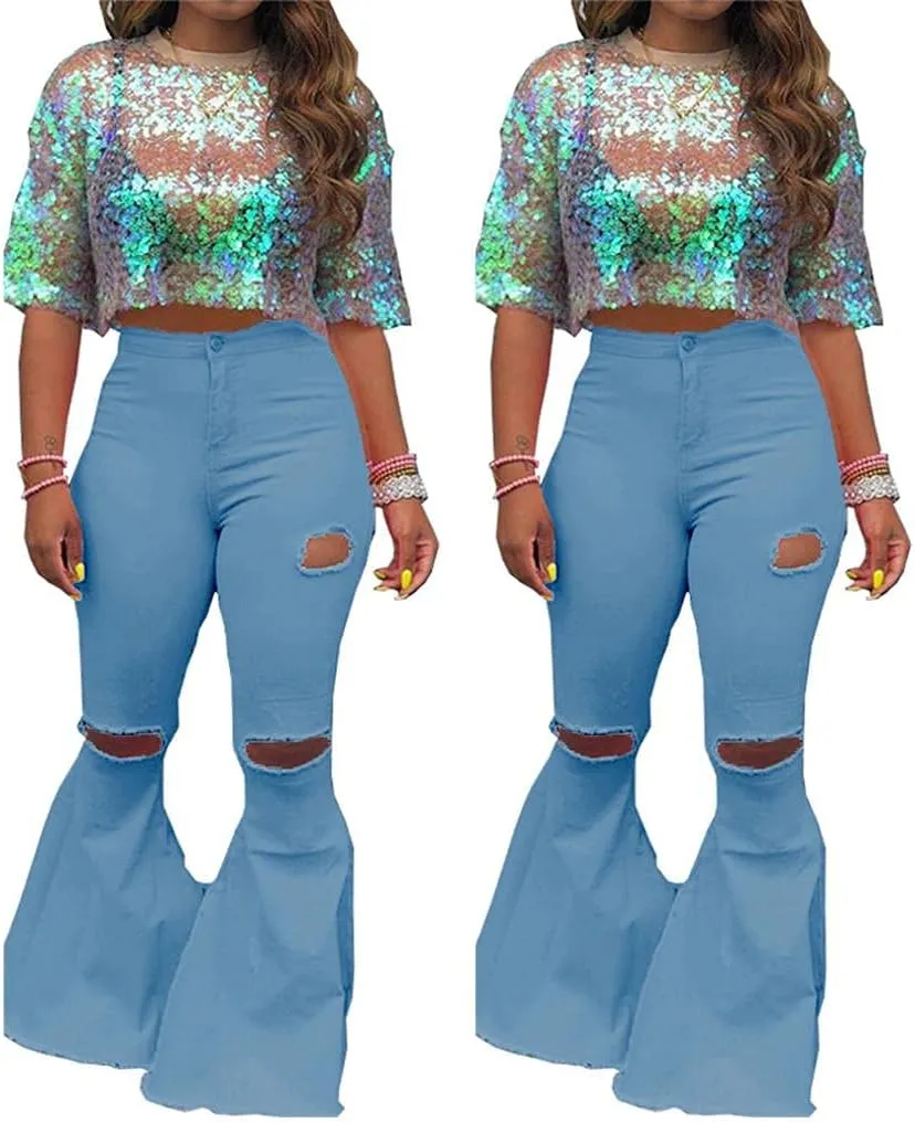 Bell Bottom Jeans for Women Ripped High Waisted Classic Skinny Bootleg Flared Denim Pants Plus Size S-3XL