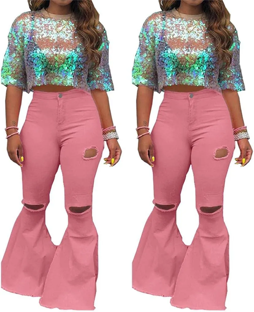 Bell Bottom Jeans for Women Ripped High Waisted Classic Skinny Bootleg Flared Denim Pants Plus Size S-3XL
