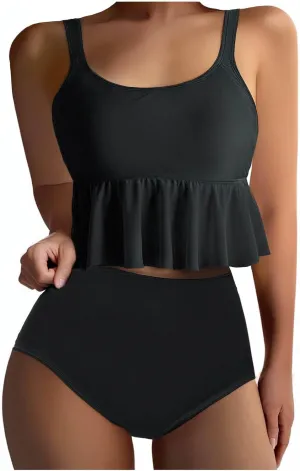Bidobibo Swim Suits for Women 2025 Tummy Control High Waisted Swimsuit with Ruffle Top Womens Two Piece Tankini Bathing Suits