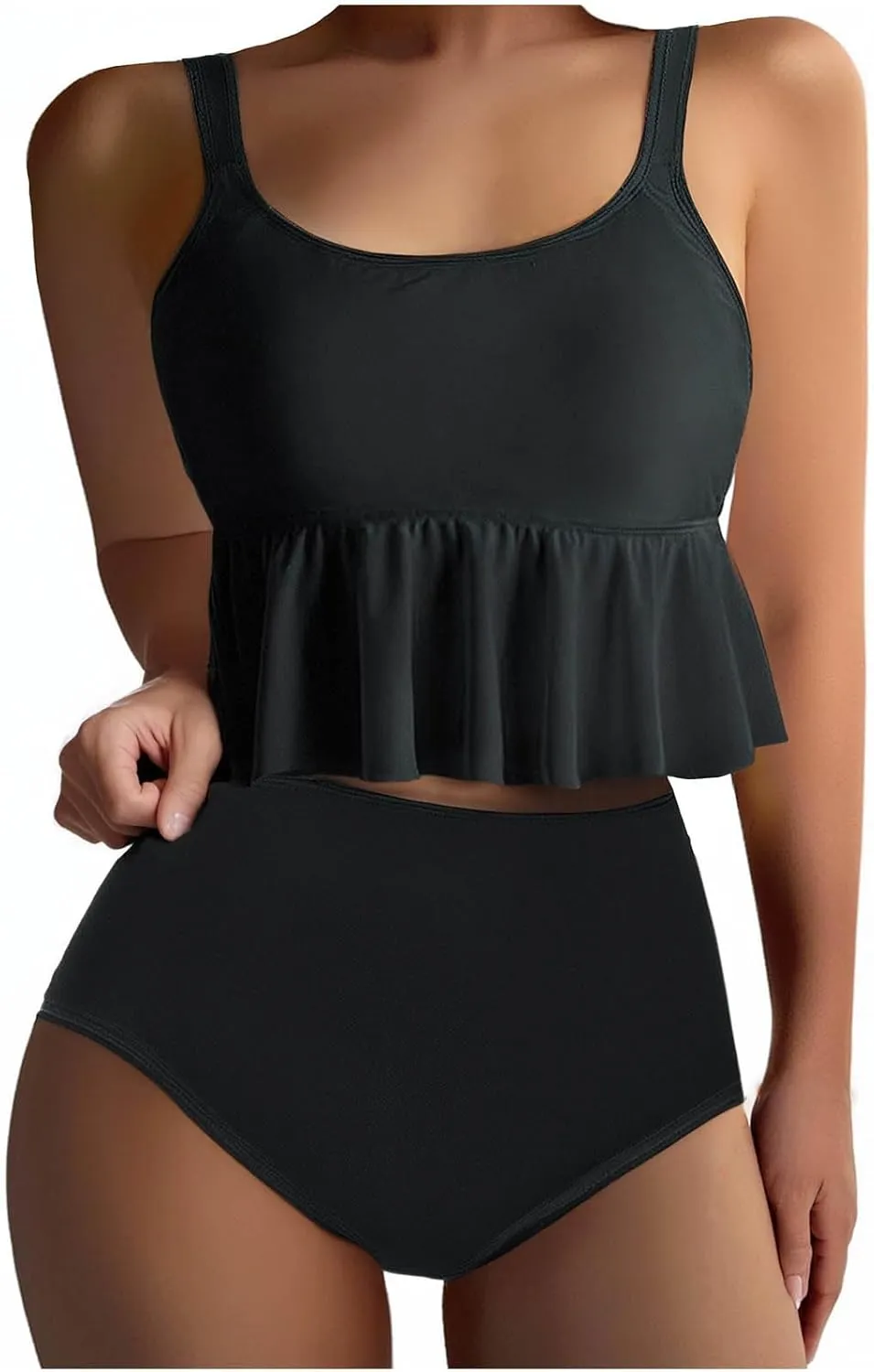 Bidobibo Swim Suits for Women 2025 Tummy Control High Waisted Swimsuit with Ruffle Top Womens Two Piece Tankini Bathing Suits