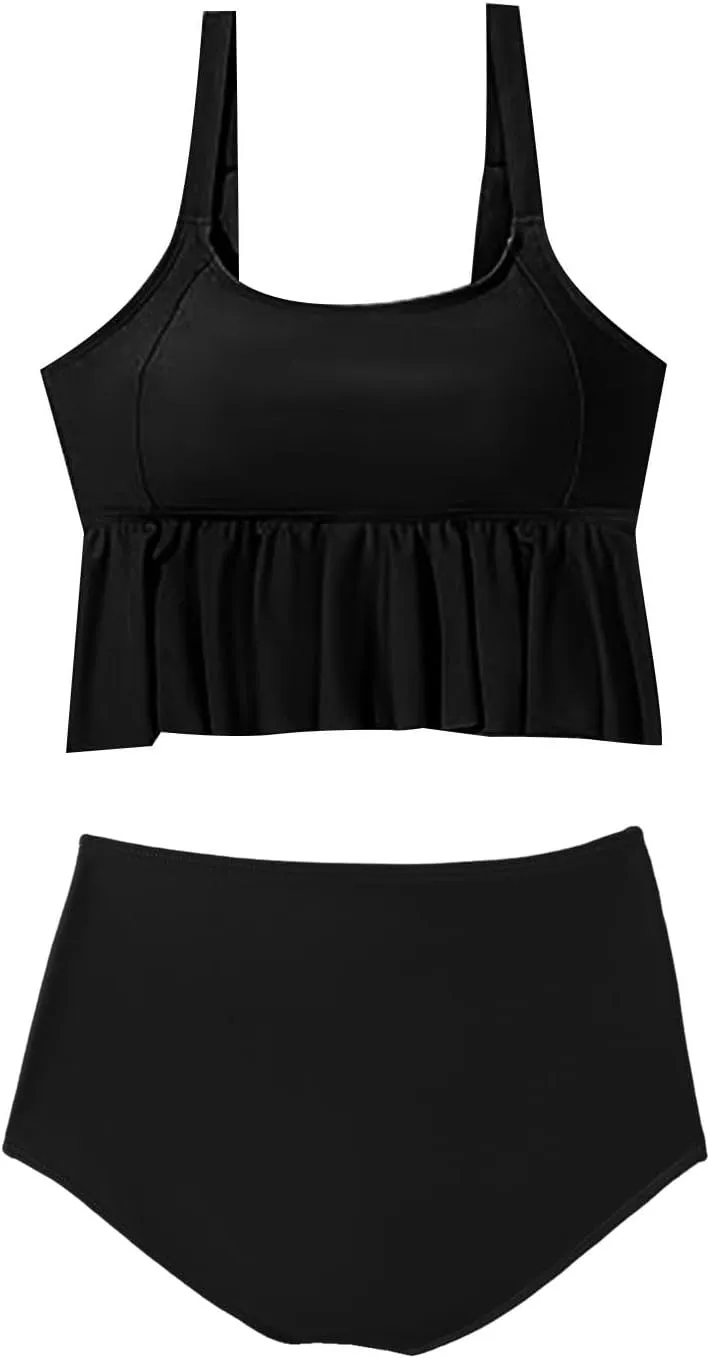 Bidobibo Swim Suits for Women 2025 Tummy Control High Waisted Swimsuit with Ruffle Top Womens Two Piece Tankini Bathing Suits
