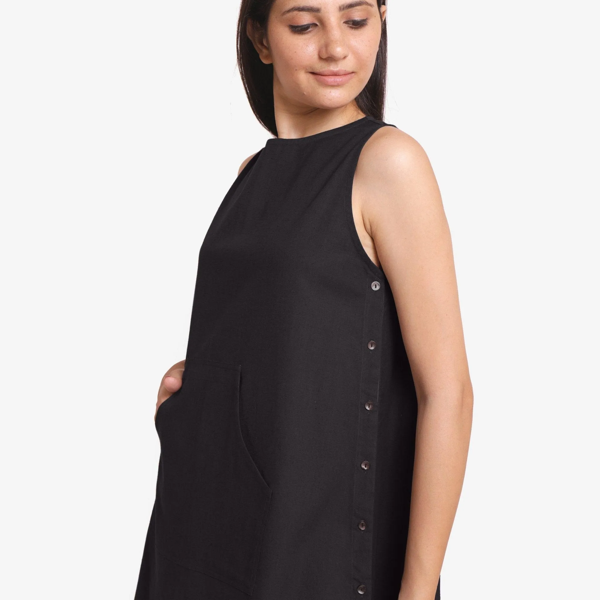 Black Cotton Flax Sleeveless A-Line Mini Dress