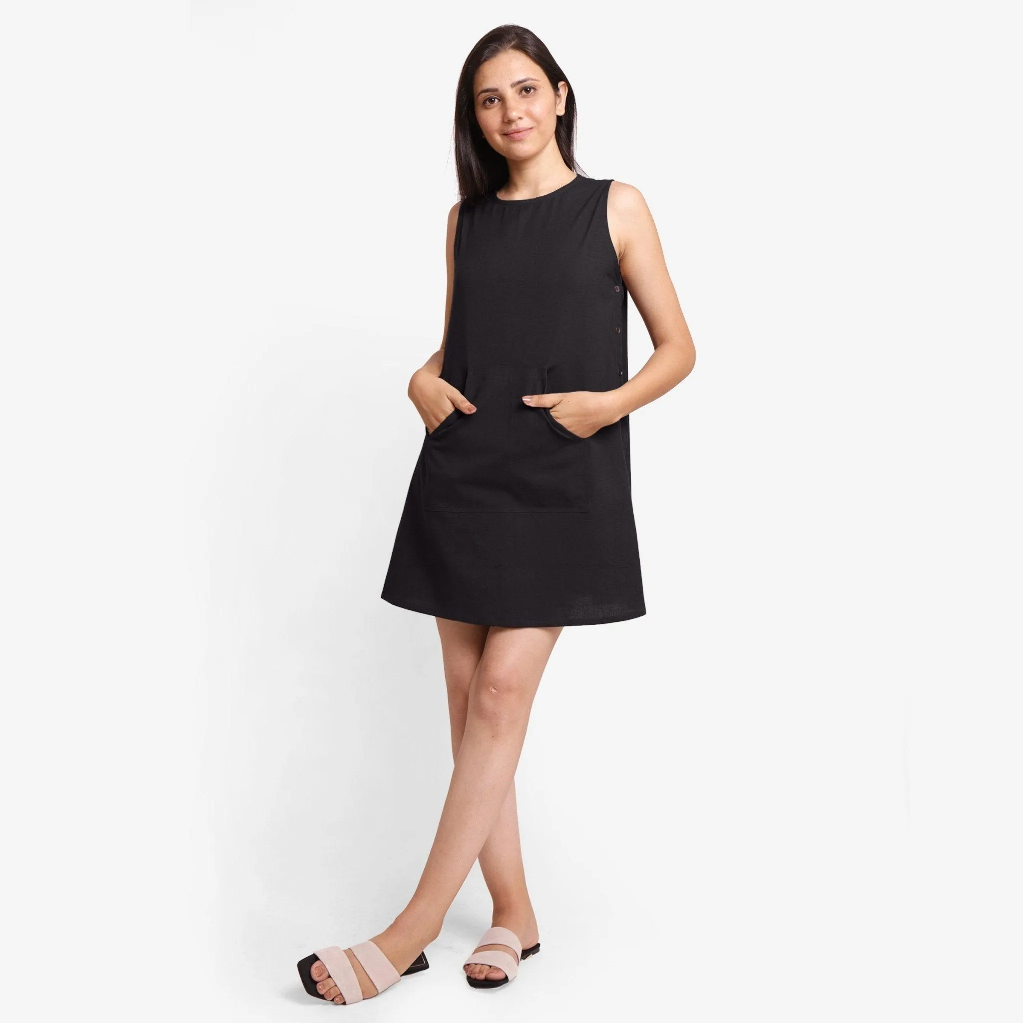 Black Cotton Flax Sleeveless A-Line Mini Dress