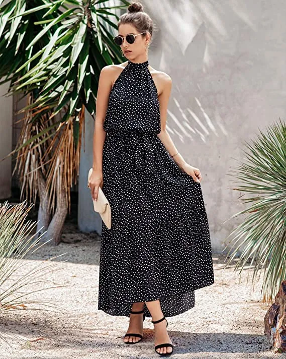 Black Women's Casual Halter Neck Sleeveless Floral Long Maxi Dress Backless Loose Ruffle Sundress with Belt - PRETTYGARDEN
