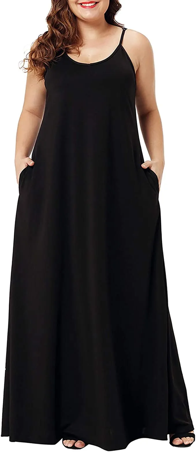 Black Womens Casual Sleeveless Plus Size Loose Plain Long Maxi Dress with Pockets - Wolddress