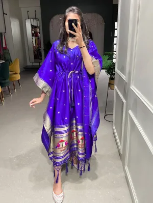 Blue Color Weaving Zari Work Jacquard Paithani Kaftan Dress