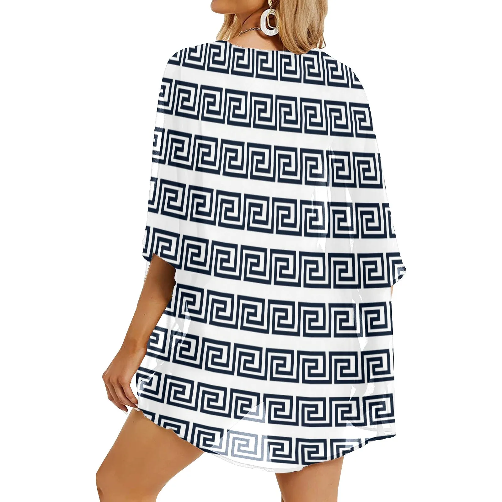 blue white greek key solid print Women's Kimono Chiffon Cover Up (Model H51)