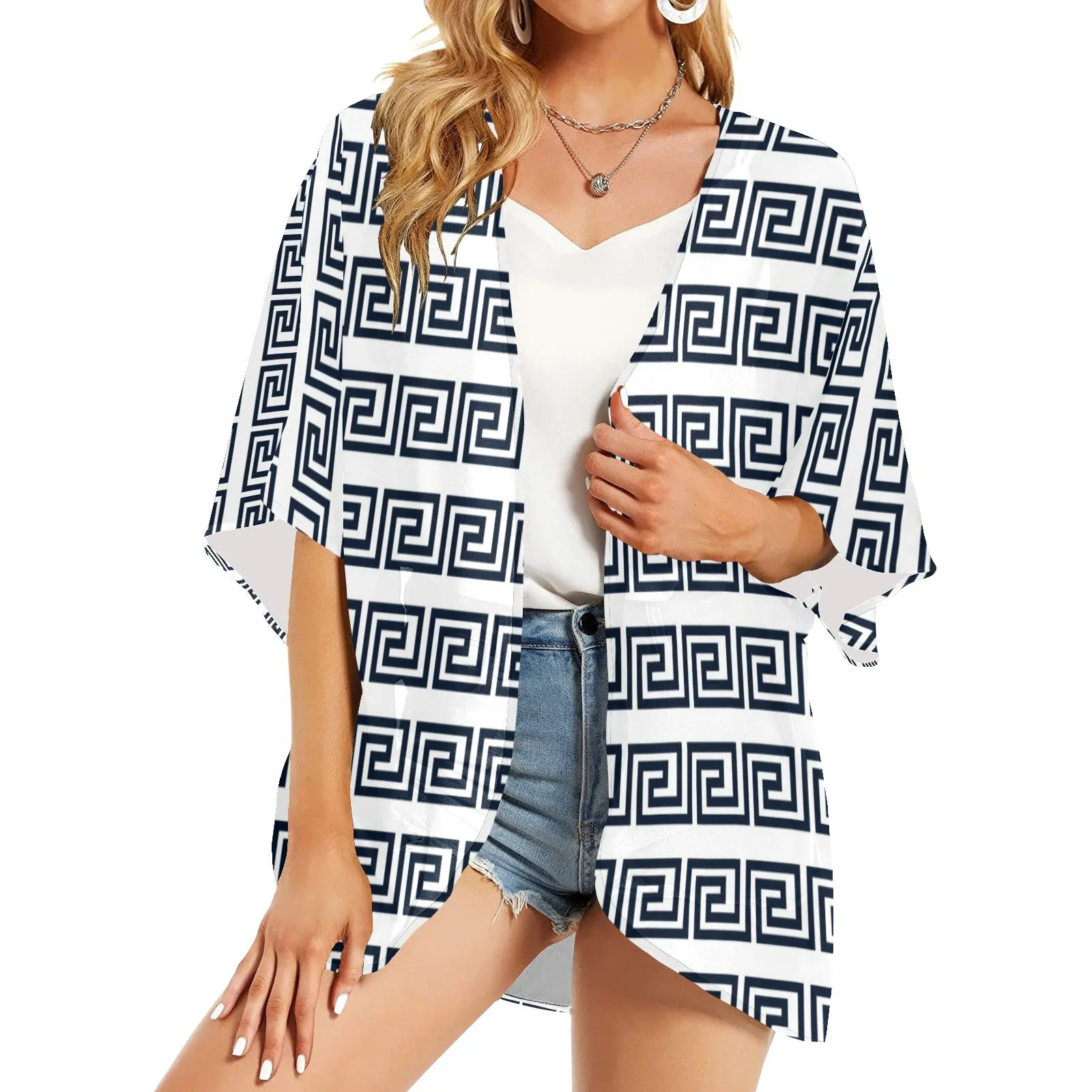 blue white greek key solid print Women's Kimono Chiffon Cover Up (Model H51)
