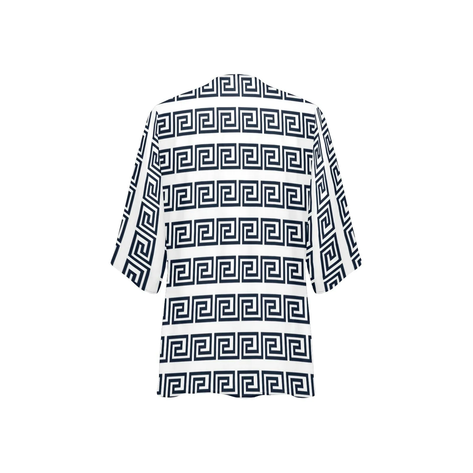 blue white greek key solid print Women's Kimono Chiffon Cover Up (Model H51)