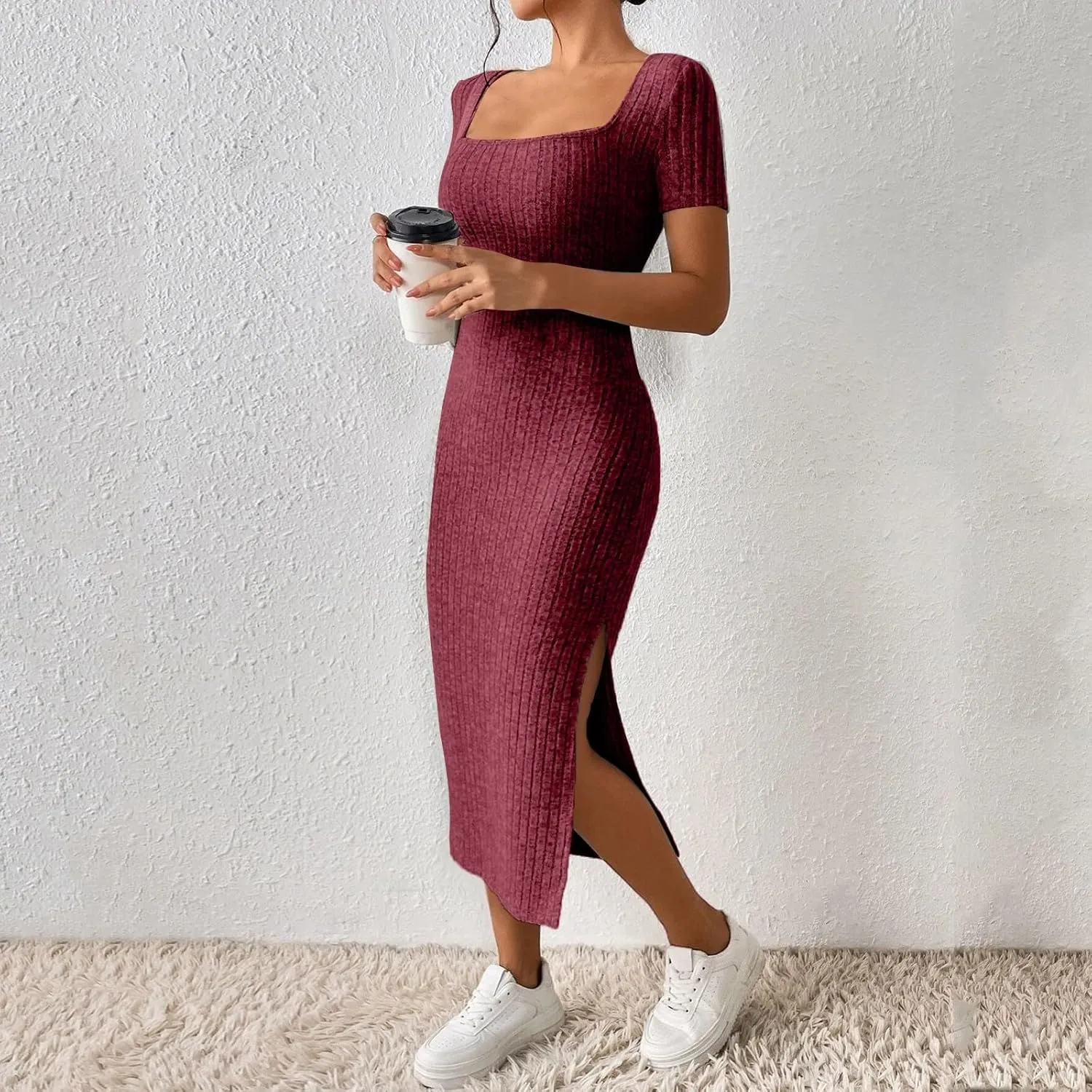 Bodycon Dresses for Women Knit Square Neck Short Sleeve Midi Dress Summer Side Slit Party Homecoming Dresses