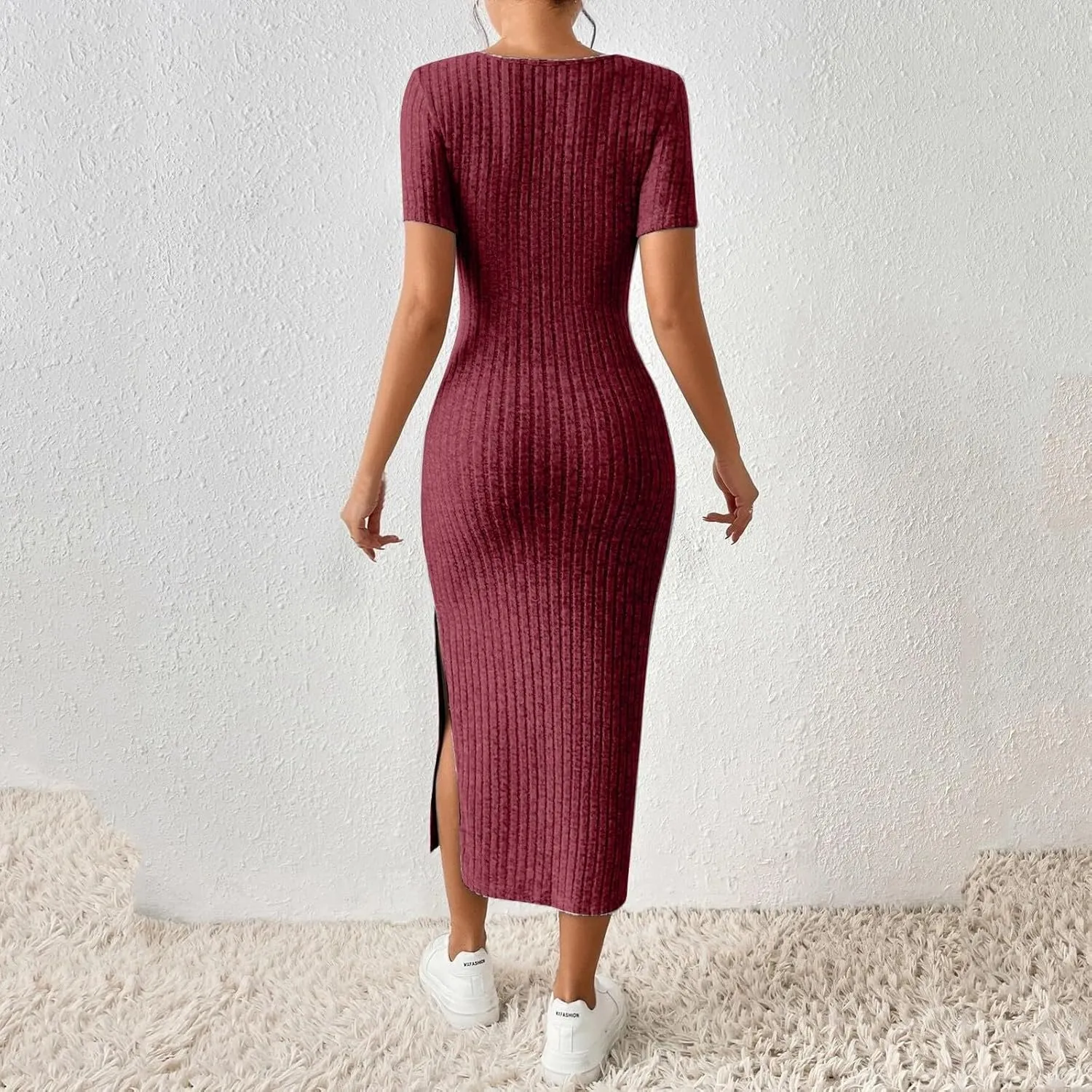Bodycon Dresses for Women Knit Square Neck Short Sleeve Midi Dress Summer Side Slit Party Homecoming Dresses