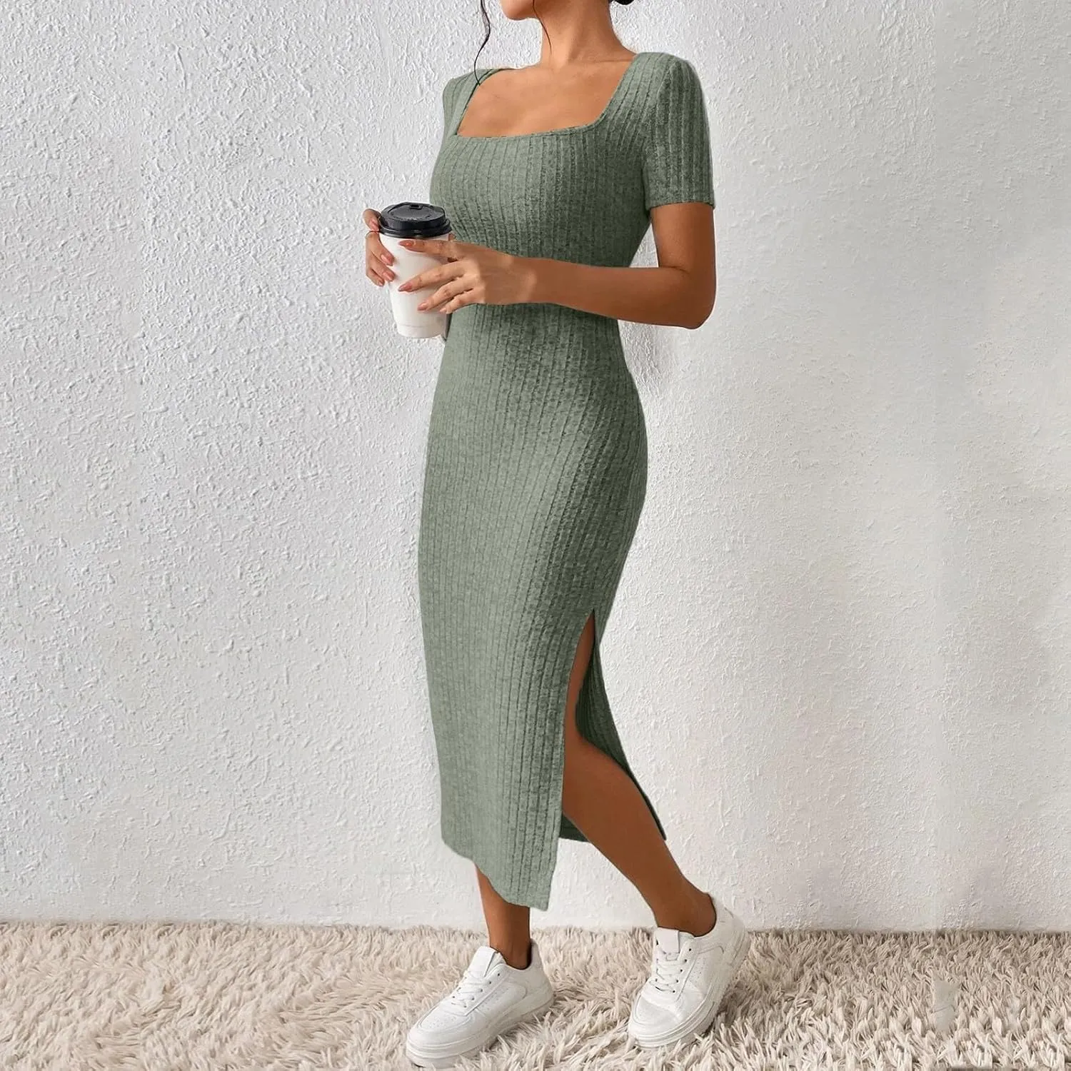 Bodycon Dresses for Women Knit Square Neck Short Sleeve Midi Dress Summer Side Slit Party Homecoming Dresses