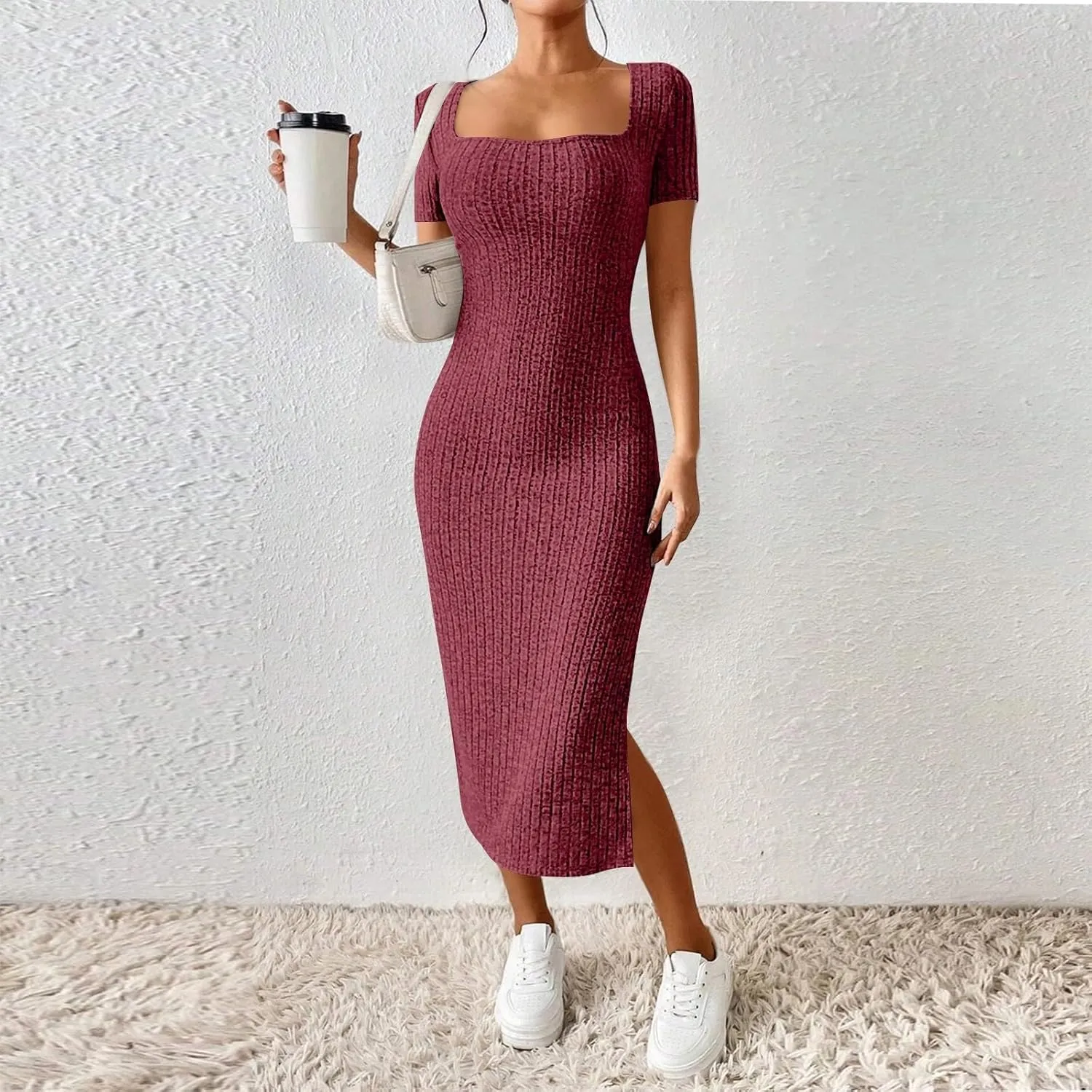 Bodycon Dresses for Women Knit Square Neck Short Sleeve Midi Dress Summer Side Slit Party Homecoming Dresses