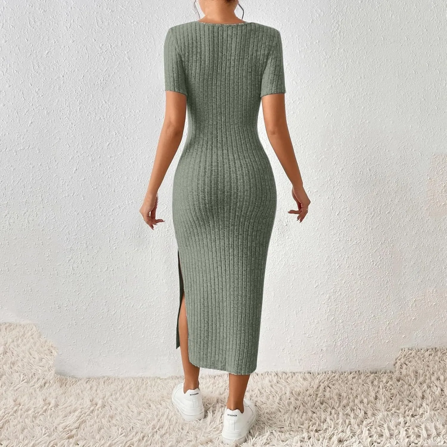 Bodycon Dresses for Women Knit Square Neck Short Sleeve Midi Dress Summer Side Slit Party Homecoming Dresses