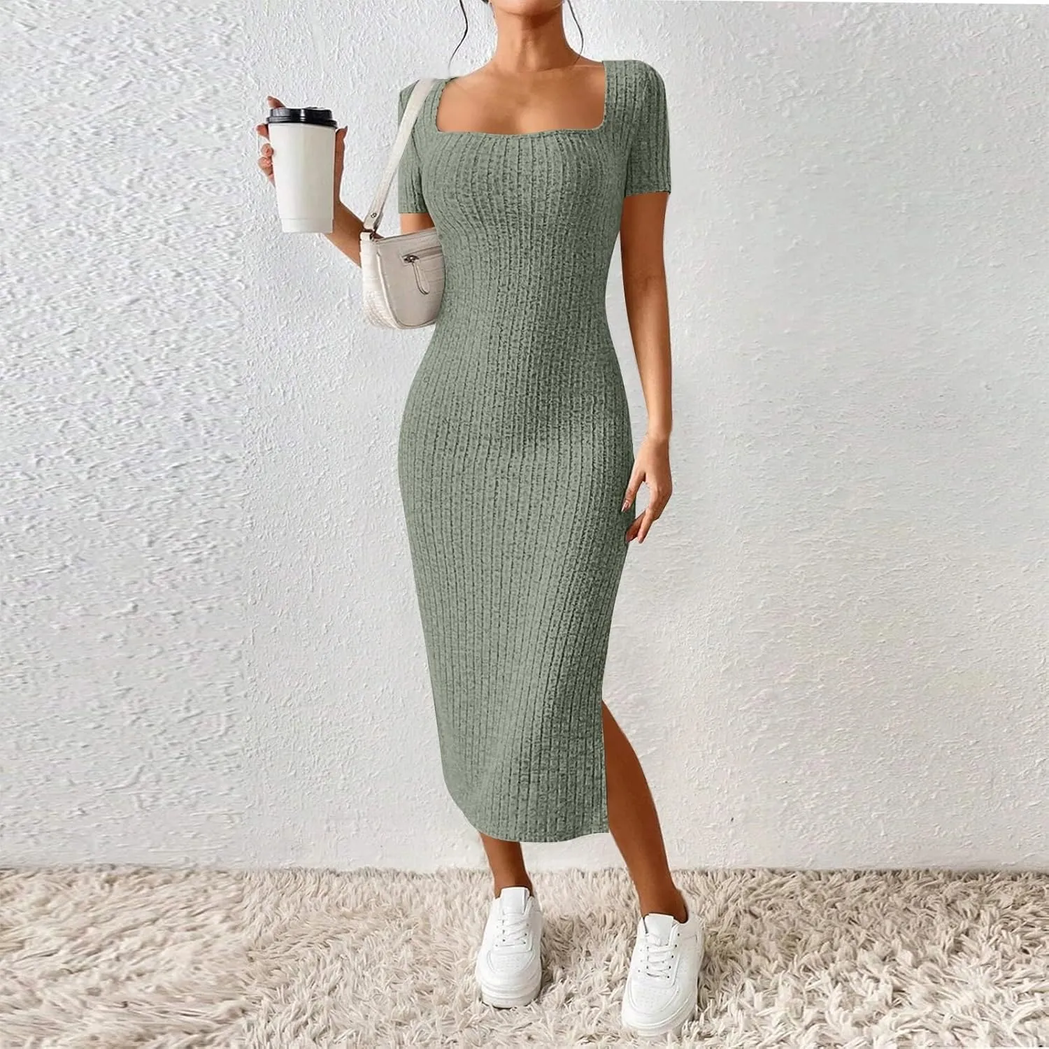 Bodycon Dresses for Women Knit Square Neck Short Sleeve Midi Dress Summer Side Slit Party Homecoming Dresses