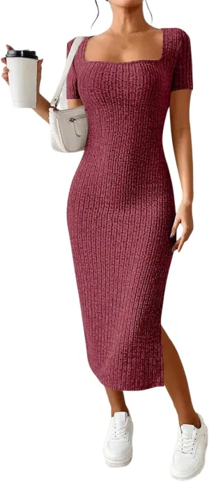 Bodycon Dresses for Women Knit Square Neck Short Sleeve Midi Dress Summer Side Slit Party Homecoming Dresses