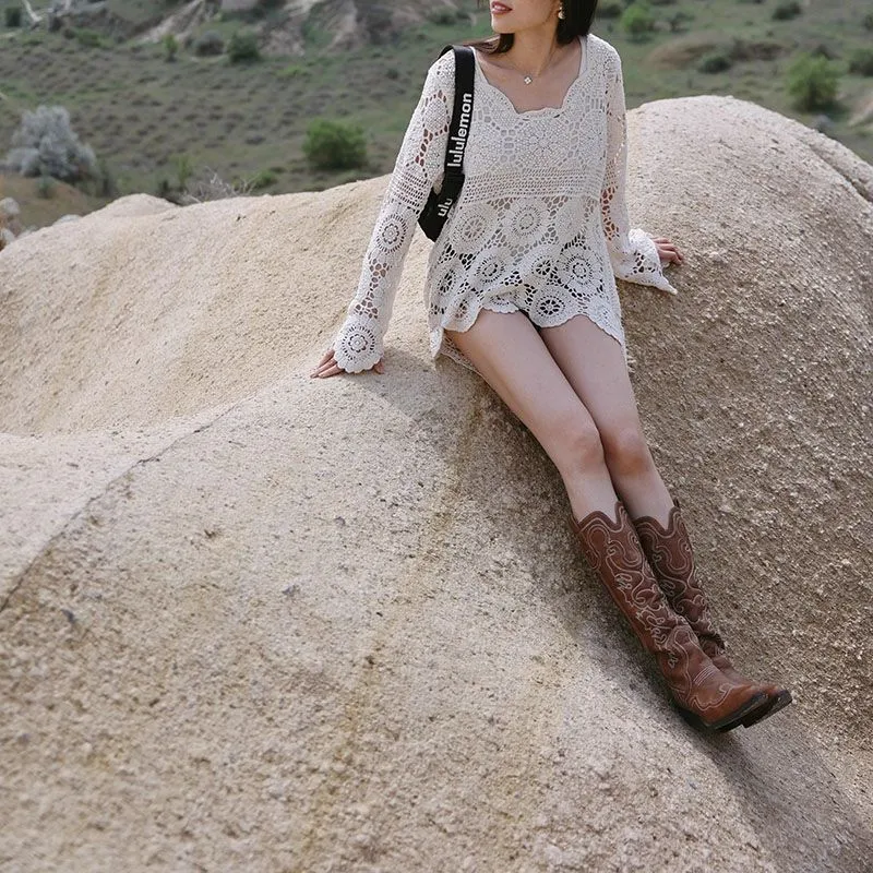 Bohemian Hollow Out Crochet High Low Cover Up Dress