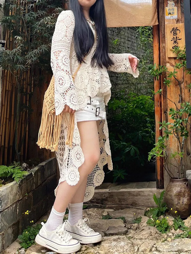 Bohemian Hollow Out Crochet High Low Cover Up Dress