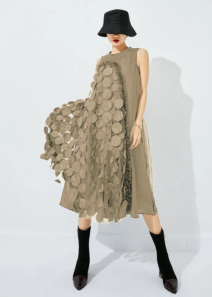 Bohemian Khaki Asymmetrical Patchwork Wrinkled Tulle Maxi Dress Sleeveless LY0863