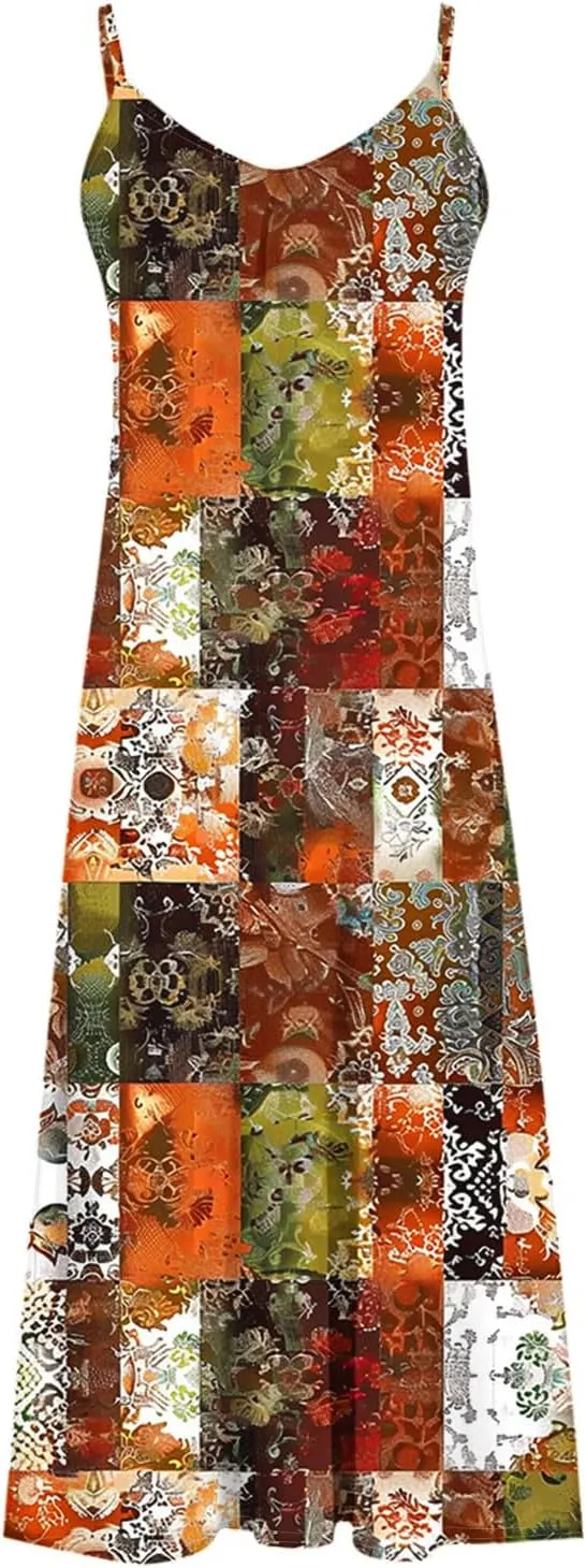 Boho Dress for Women Sleeveless Maxi Beach Vacation Dress V Neck Floal Flowy Sundress Strap Long Casual Summer Dress