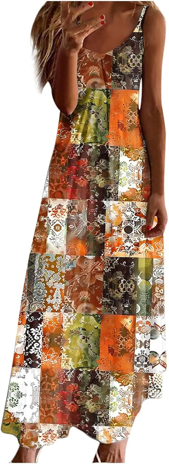 Boho Dress for Women Sleeveless Maxi Beach Vacation Dress V Neck Floal Flowy Sundress Strap Long Casual Summer Dress
