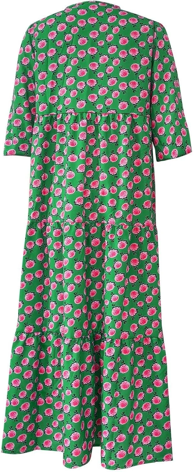Boho Dresses for Women 2025 Puff Sleeve Geometric Tiered Maxi Dress Summer Comfy Shift Bohemian Beach Long Dress