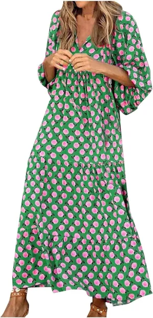 Boho Dresses for Women 2025 Puff Sleeve Geometric Tiered Maxi Dress Summer Comfy Shift Bohemian Beach Long Dress