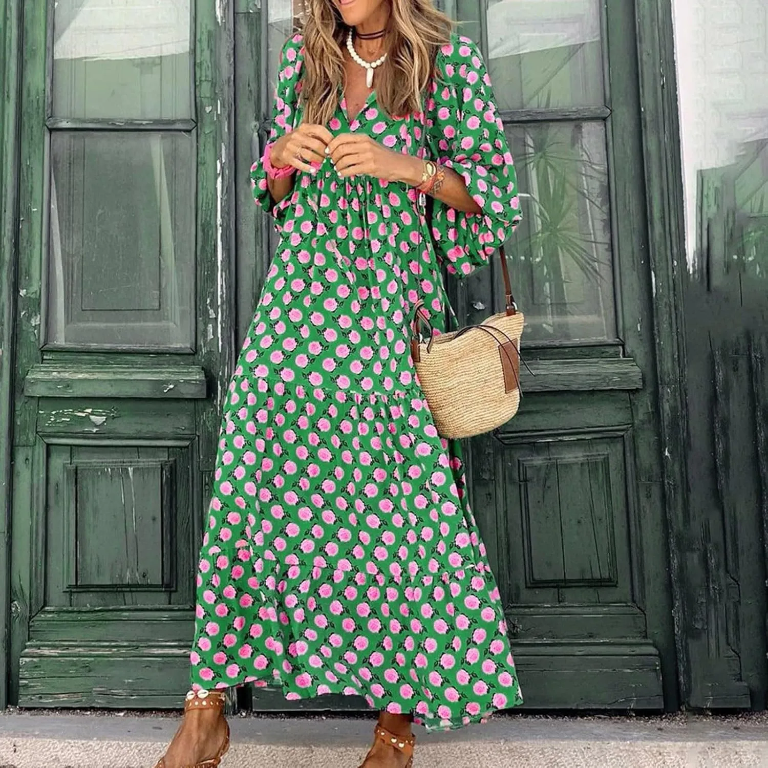 Boho Dresses for Women 2025 Puff Sleeve Geometric Tiered Maxi Dress Summer Comfy Shift Bohemian Beach Long Dress