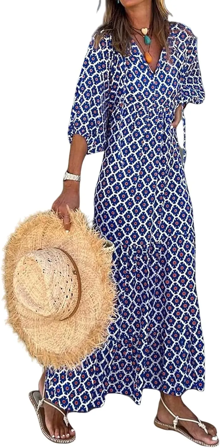 Boho Maxi Dresses for Women Summer Loose V Neck Puff Short Sleeve Dress Casual Flowy Floral Tiered Beach Sundress