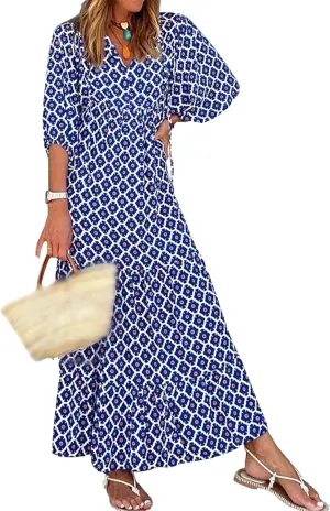 Boho Maxi Dresses for Women Summer Loose V Neck Puff Short Sleeve Dress Casual Flowy Floral Tiered Beach Sundress