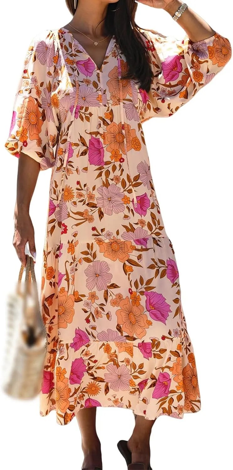 Boho Maxi Dresses for Women Summer Loose V Neck Puff Short Sleeve Dress Casual Flowy Floral Tiered Beach Sundress