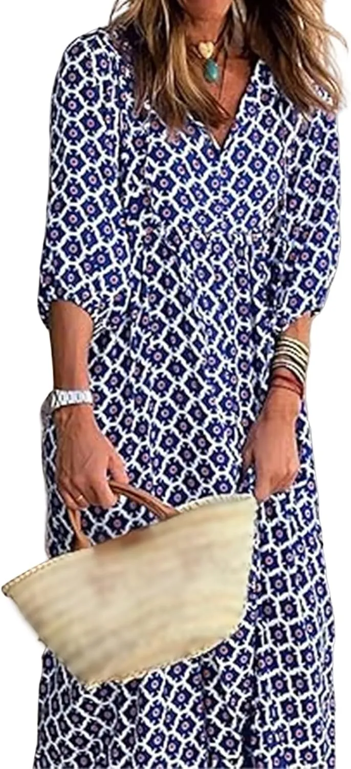 Boho Maxi Dresses for Women Summer Loose V Neck Puff Short Sleeve Dress Casual Flowy Floral Tiered Beach Sundress