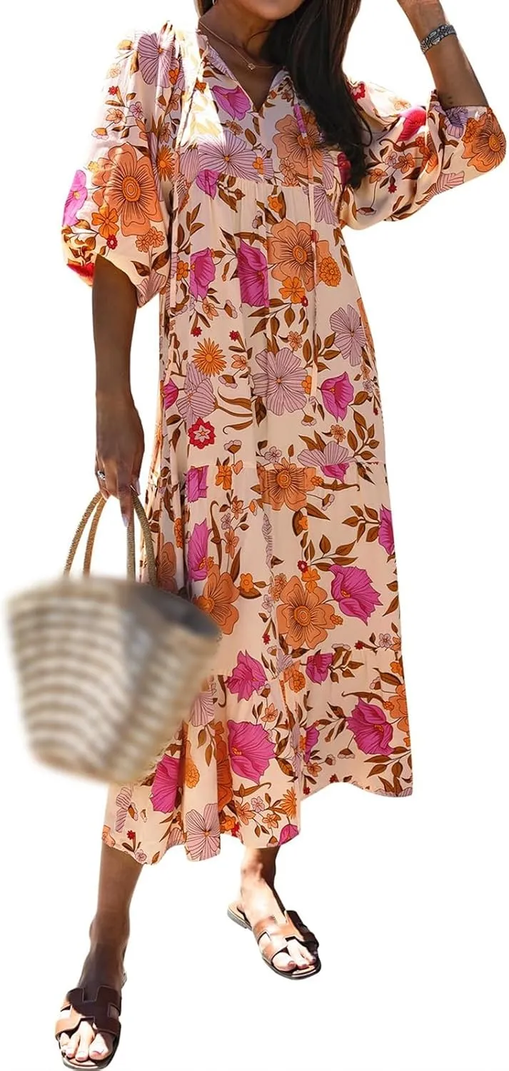 Boho Maxi Dresses for Women Summer Loose V Neck Puff Short Sleeve Dress Casual Flowy Floral Tiered Beach Sundress