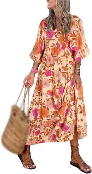 Boho Maxi Dresses for Women Summer Loose V Neck Puff Short Sleeve Dress Casual Flowy Floral Tiered Beach Sundress
