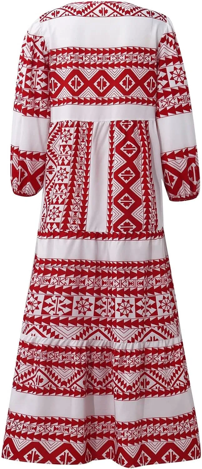 Boho Summer Dresses for Women 2025 Puff Sleeve Geometric Flower Maxi Dress Comfy Tiered Gingham Flowy Long Dress