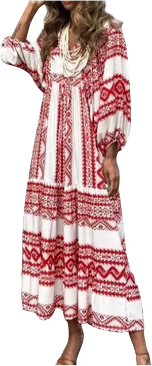 Boho Summer Dresses for Women 2025 Puff Sleeve Geometric Flower Maxi Dress Comfy Tiered Gingham Flowy Long Dress