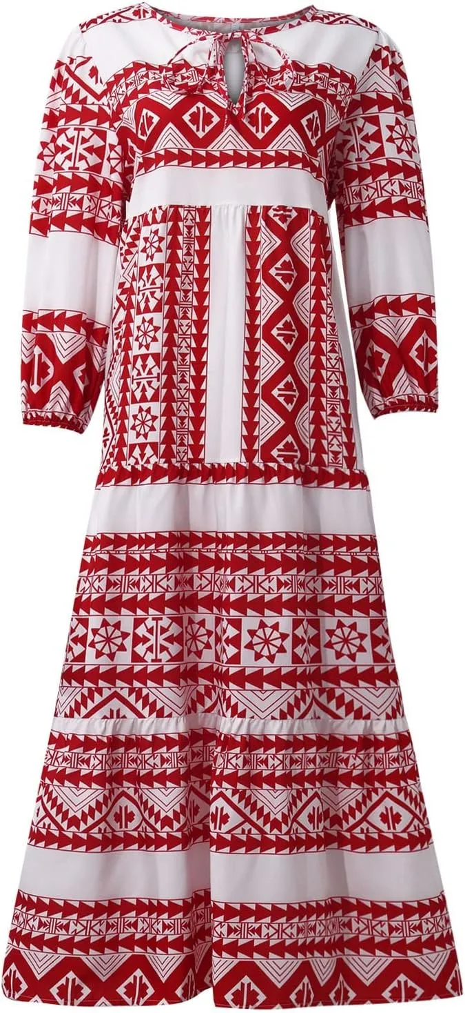 Boho Summer Dresses for Women 2025 Puff Sleeve Geometric Flower Maxi Dress Comfy Tiered Gingham Flowy Long Dress