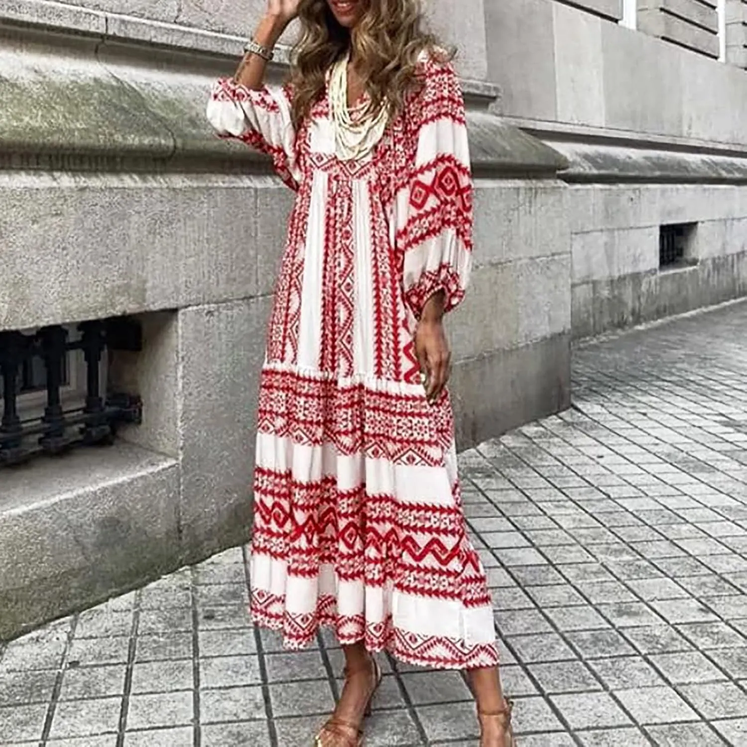 Boho Summer Dresses for Women 2025 Puff Sleeve Geometric Flower Maxi Dress Comfy Tiered Gingham Flowy Long Dress