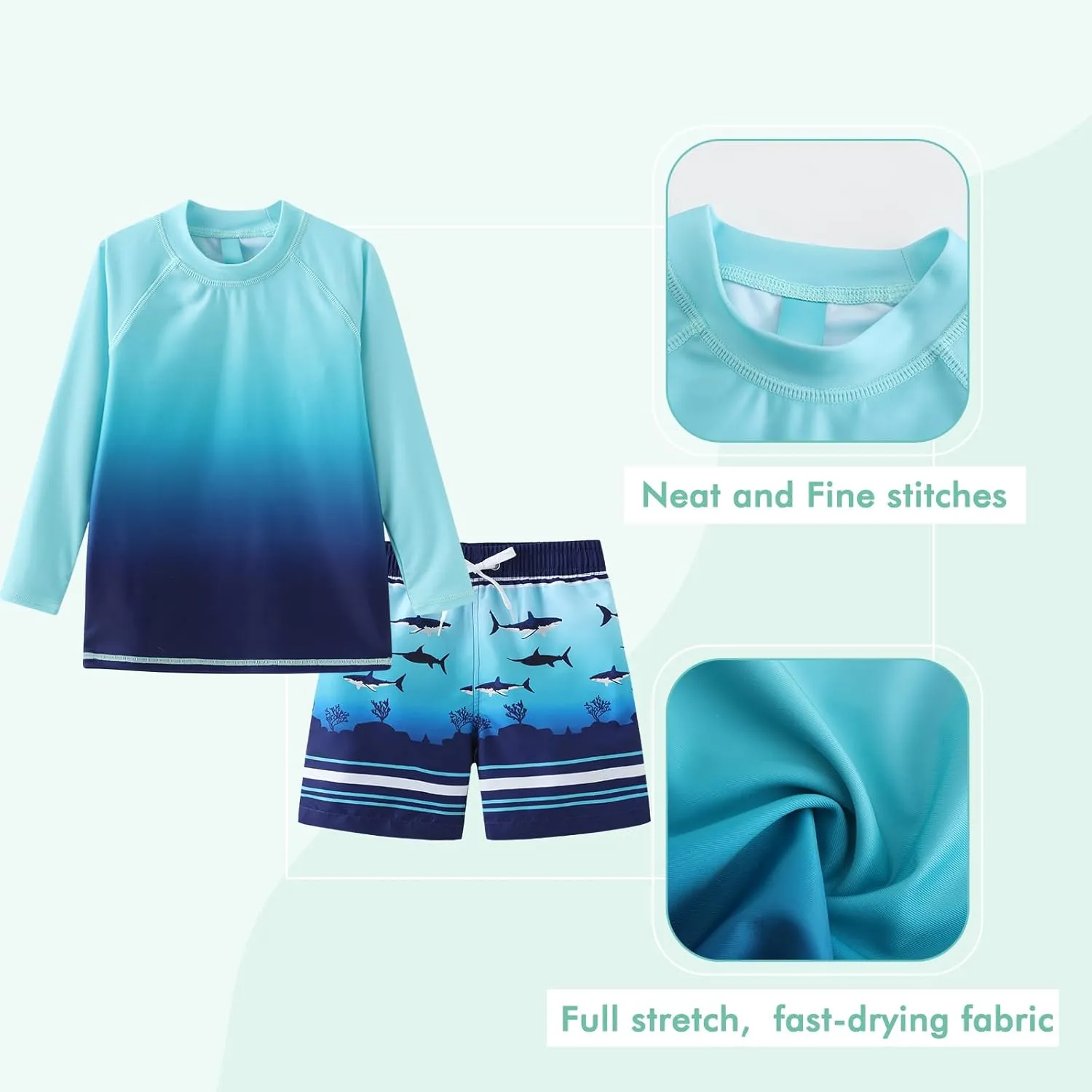 Boys Long Sleeve Rash Guard Swimsuits Kids Two Piece Sunsuits with Swim Trunks Swimwear Set