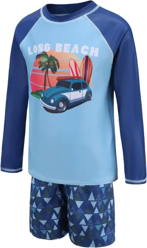 Boys Long Sleeve Rash Guard Swimsuits Kids Two Piece Sunsuits with Swim Trunks Swimwear Set