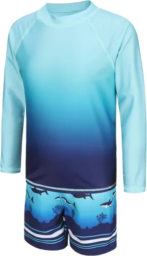 Boys Long Sleeve Rash Guard Swimsuits Kids Two Piece Sunsuits with Swim Trunks Swimwear Set