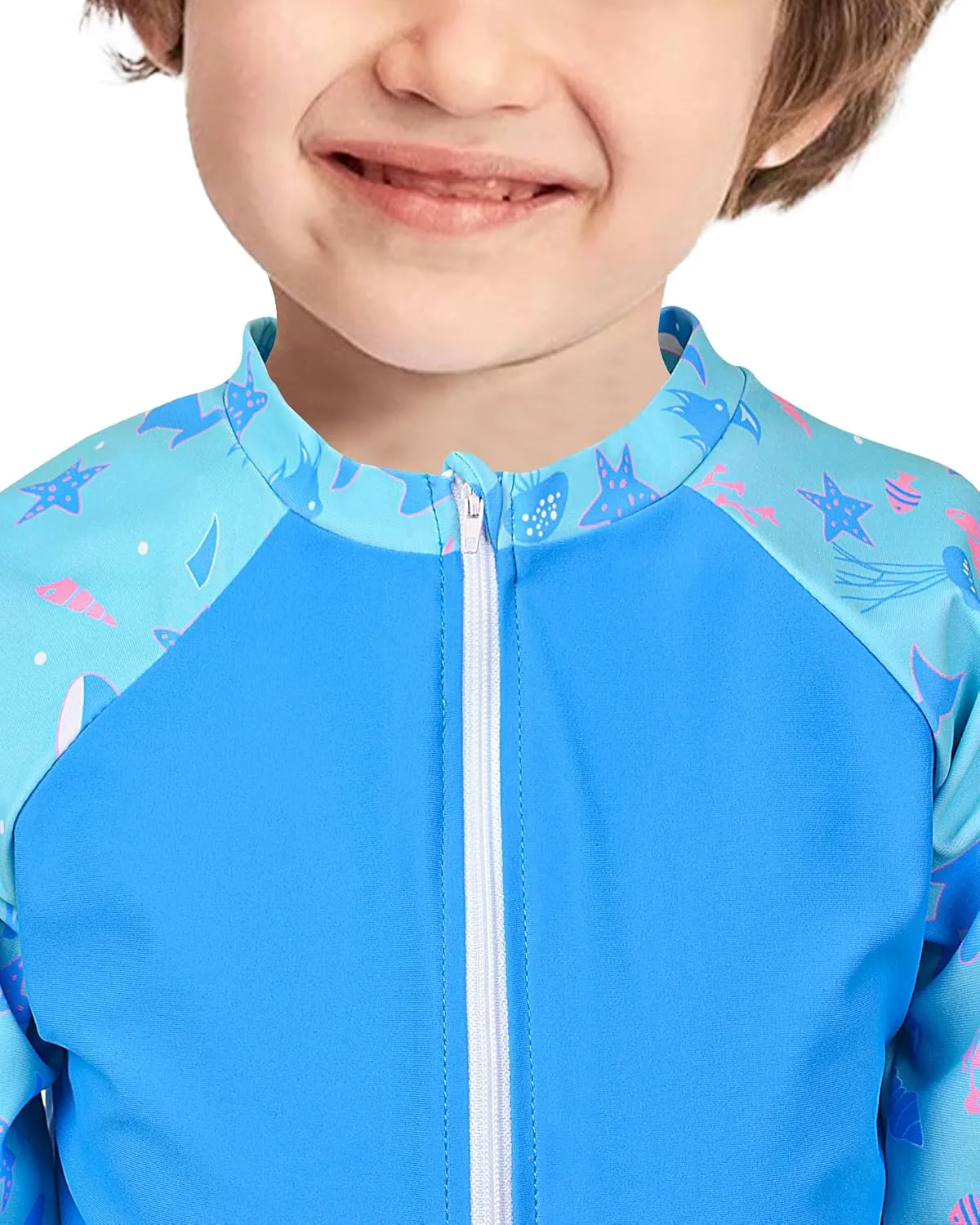 Boys Two Piece Rash Guard Swimsuits Long Sleeve Zipper Swim Shirt and Trunks Bathing Suit Swimwear Set